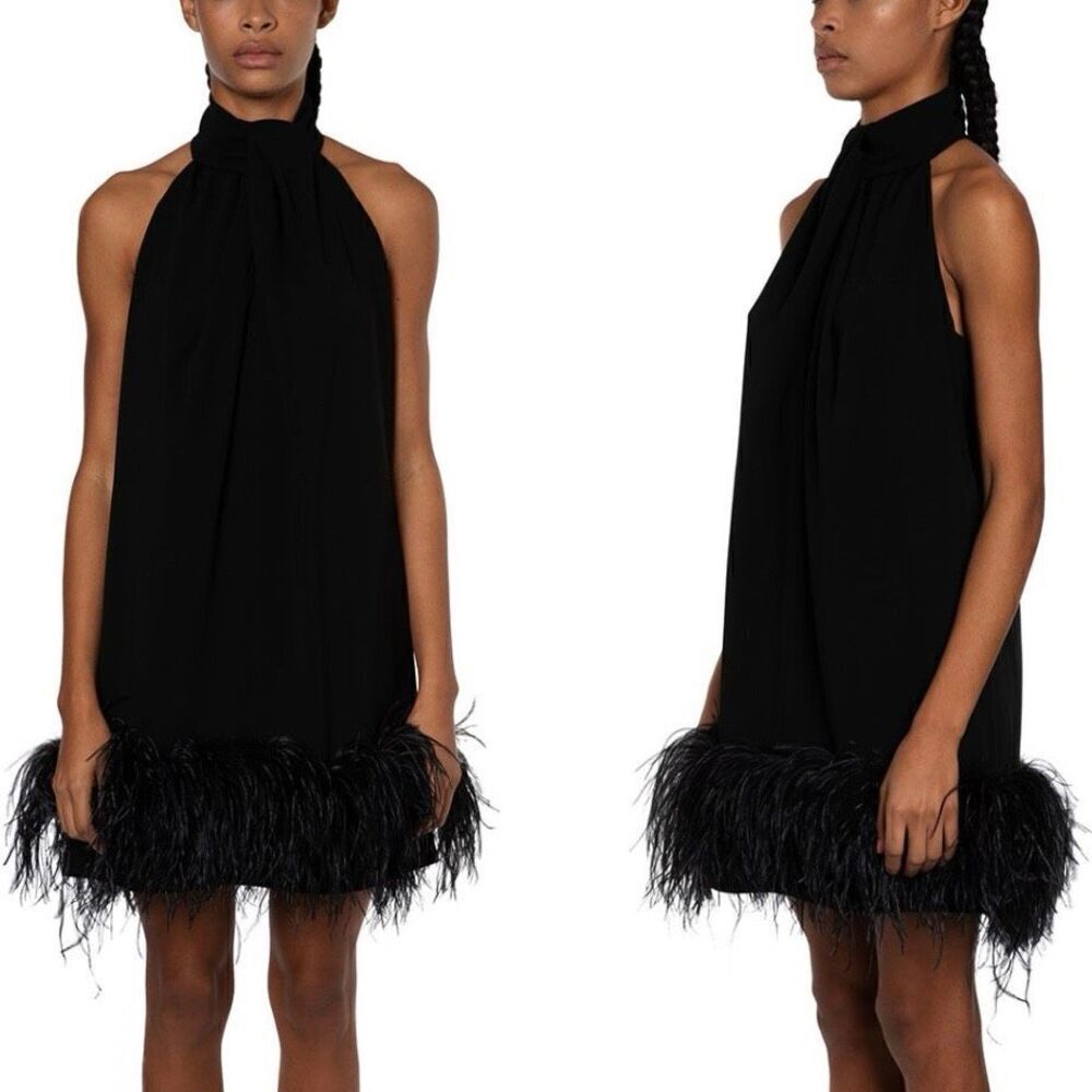 16Arlington Dress Feather‎ Trim Black Cynthia Mini Dress Size US 10 UK 14 - Picture 5 of 10